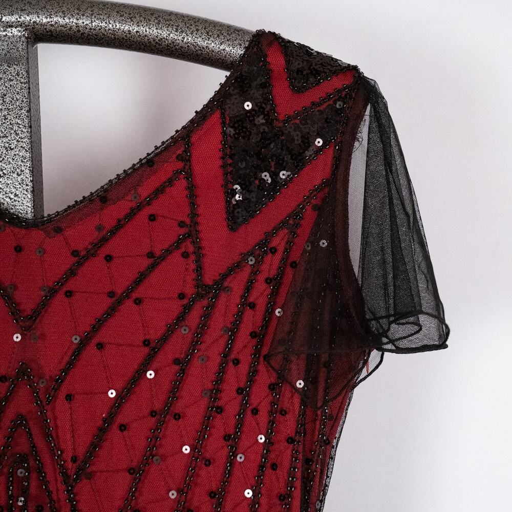 Whimsigoth Dark Fairy Maxi Dress MEDIUM Red Black Netting Beaded Sequins Sheer - Picture 5 of 8